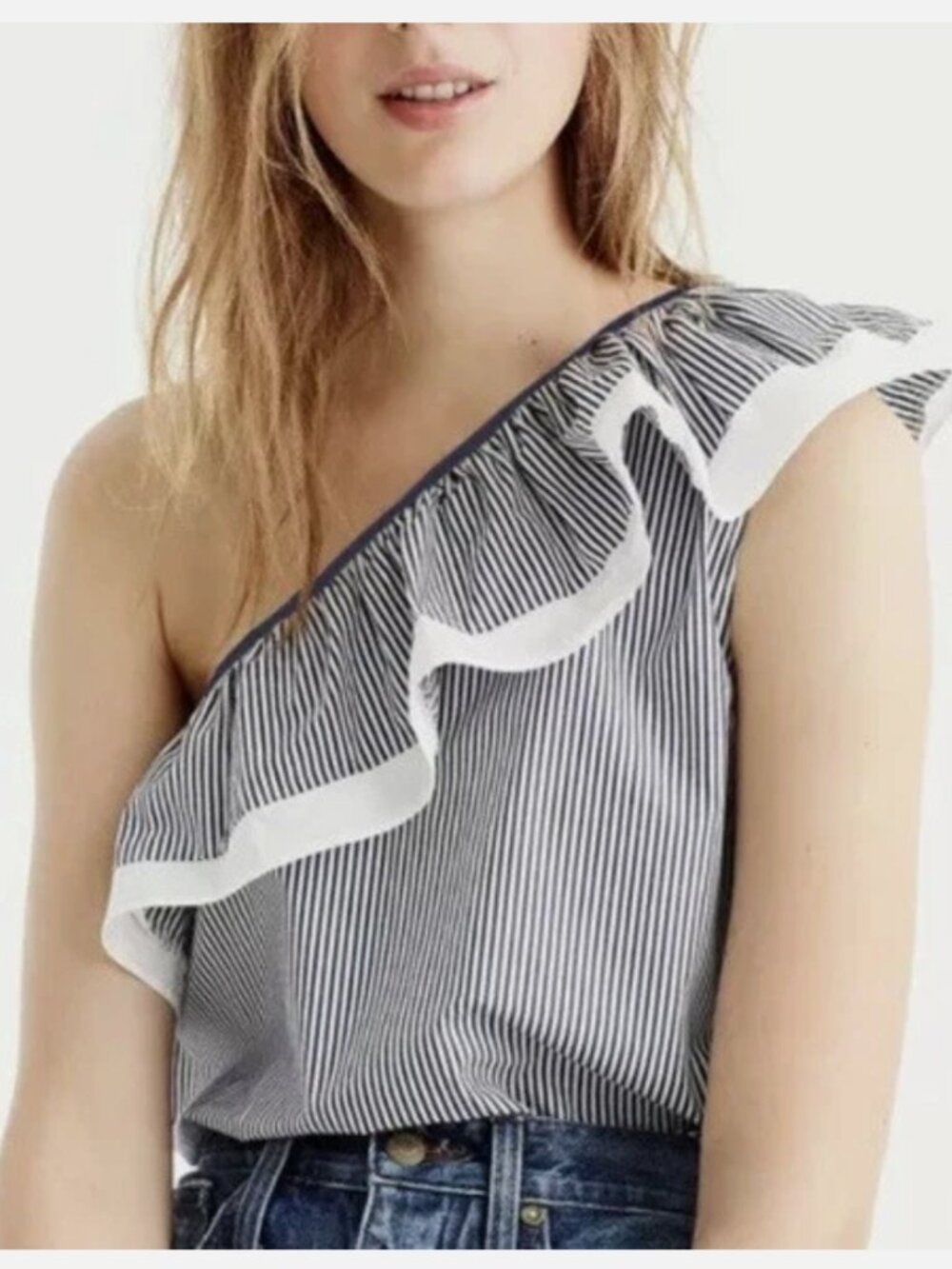 J.Crew Striped One Shoulder Ruffle Top - Picture 2 of 16